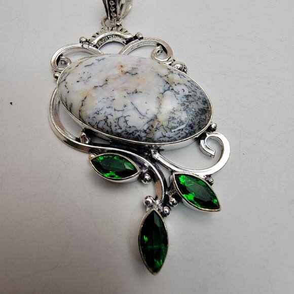 Sterling Silver Dendritic Agate and Green Quartz Pendant Necklace - 20" Chain - Picture 5 of 9